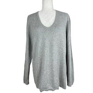 Tommy Hilfiger Women’s Gray V-Neck Y2K Designer Beaded Tunic Knit Sweater XL/C44